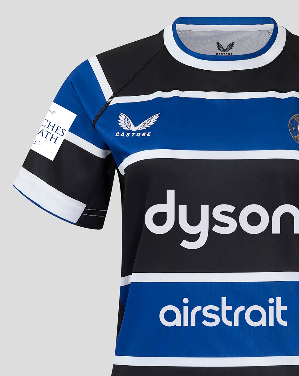 Bath Rugby Women's 24/25 Home Shirt close up showing blue black white horizontal stripes with Dyson sponsor and airstrait branding on the chest