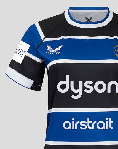 Bath Rugby Women's 24/25 Home Shirt close up showing blue black white horizontal stripes with Dyson sponsor and airstrait branding on the chest
