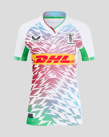 Women's Harlequins Pro Away Shirt in white with multicolored diamond print, DHL chest band, crest left chest