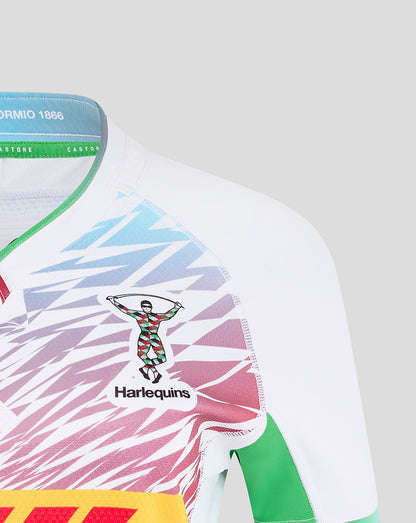 Harlequins Pro Away Shirt close up of crest on left chest with multicolor diamond print