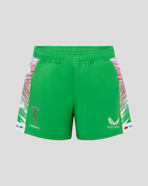 Harlequins away shorts in bright green with patterned side panels crest on right thigh and Castore branding on left.