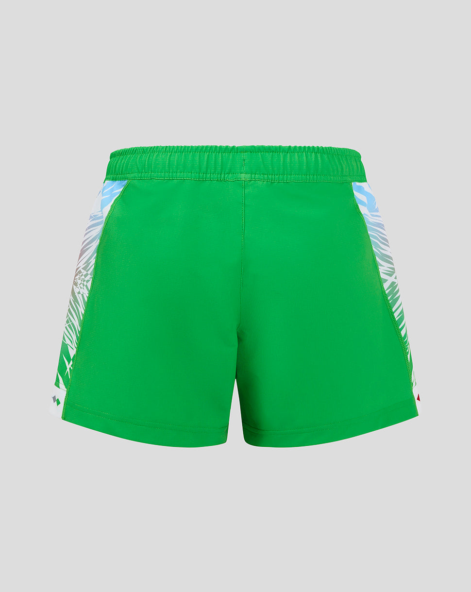 Green Harlequins shorts with diamond-inspired side panels and an elastic waistband