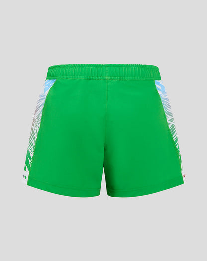 Green Harlequins shorts with diamond-inspired side panels and an elastic waistband
