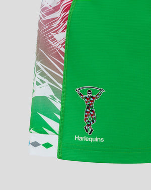 Harlequins away shorts in green with diamond side panels and Harlequins crest near hem.