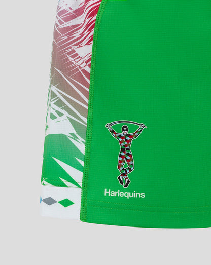 Harlequins away shorts in green with diamond side panels and Harlequins crest near hem.