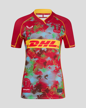 Front view of Harlequins Women’s Pro Big Game Shirt 24/25 with world map print and bold DHL stripe across chest