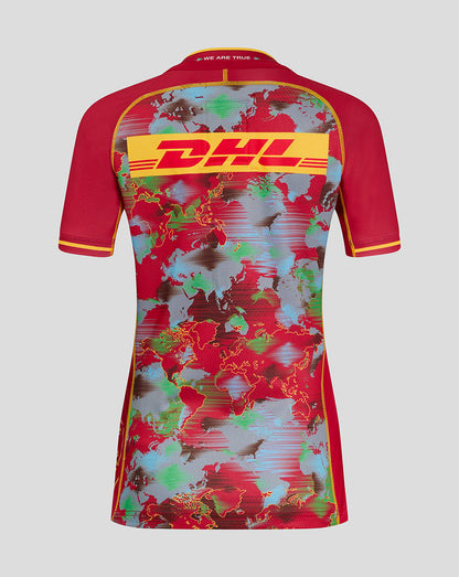 Back view of Harlequins Pro Big Game Shirt with bold DHL logo across the world map print