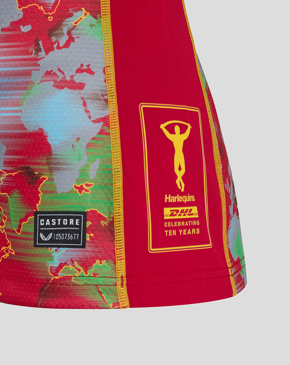 Back view highlighting the world map print with red panels and yellow piping along the seams