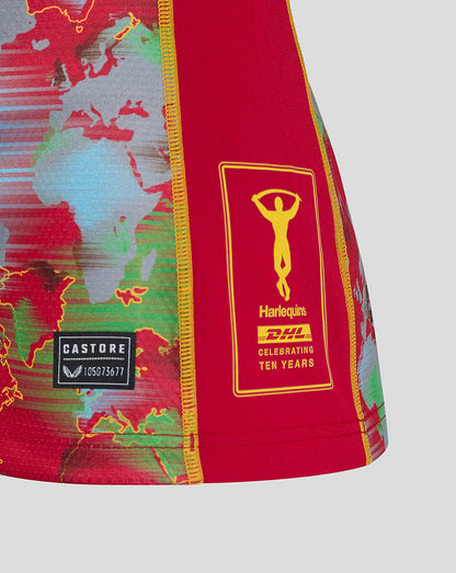 Back view highlighting the world map print with red panels and yellow piping along the seams