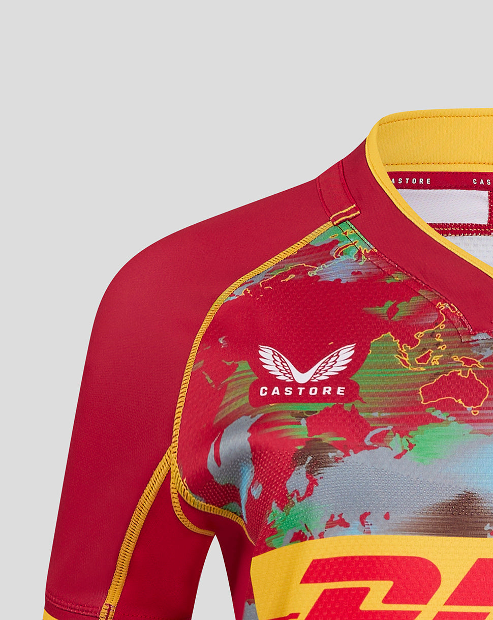 Close up of Harlequins Pro Big Game Shirt front showing vibrant world map print and chest branding