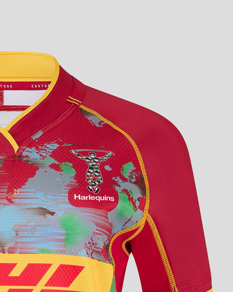 Shoulder close up of Harlequins Women’s Pro Big Game Shirt 24/25 showing crest and map print with yellow trim