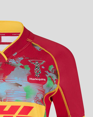 Shoulder close up of Harlequins Women’s Pro Big Game Shirt 24/25 showing crest and map print with yellow trim