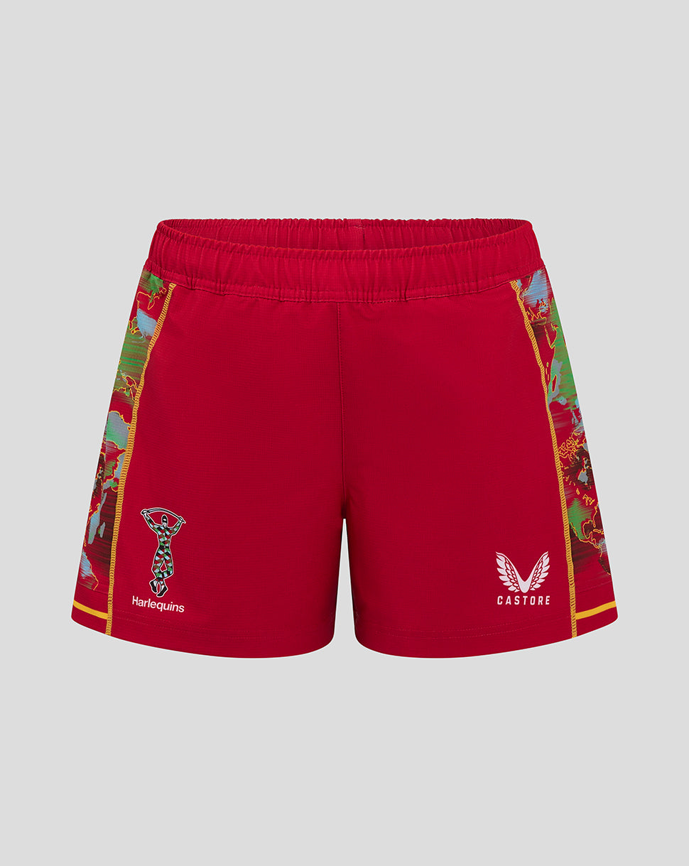 Back view of Harlequins Women's Big Game Shorts 24/25 in bold red with world map side panels and crest on left leg and Castore branding on right leg