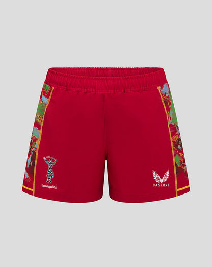 Back view of Harlequins Women's Big Game Shorts 24/25 in bold red with world map side panels and crest on left leg and Castore branding on right leg