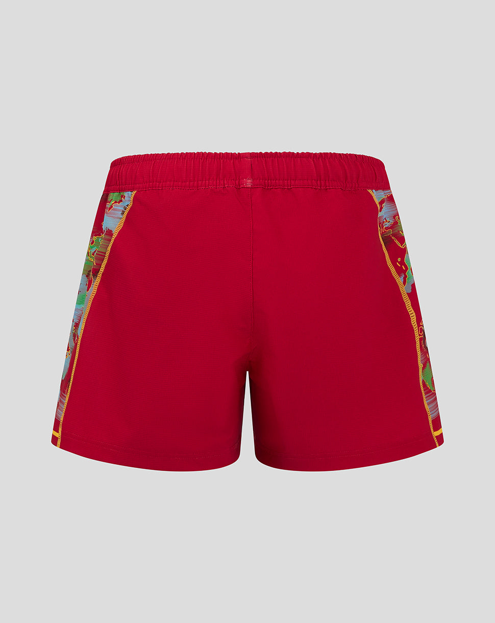 Back view of Harlequins Women's Big Game Shorts 24/25 in red with world map side panels
