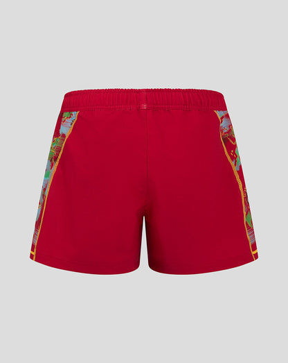 Back view of Harlequins Women's Big Game Shorts 24/25 in red with world map side panels