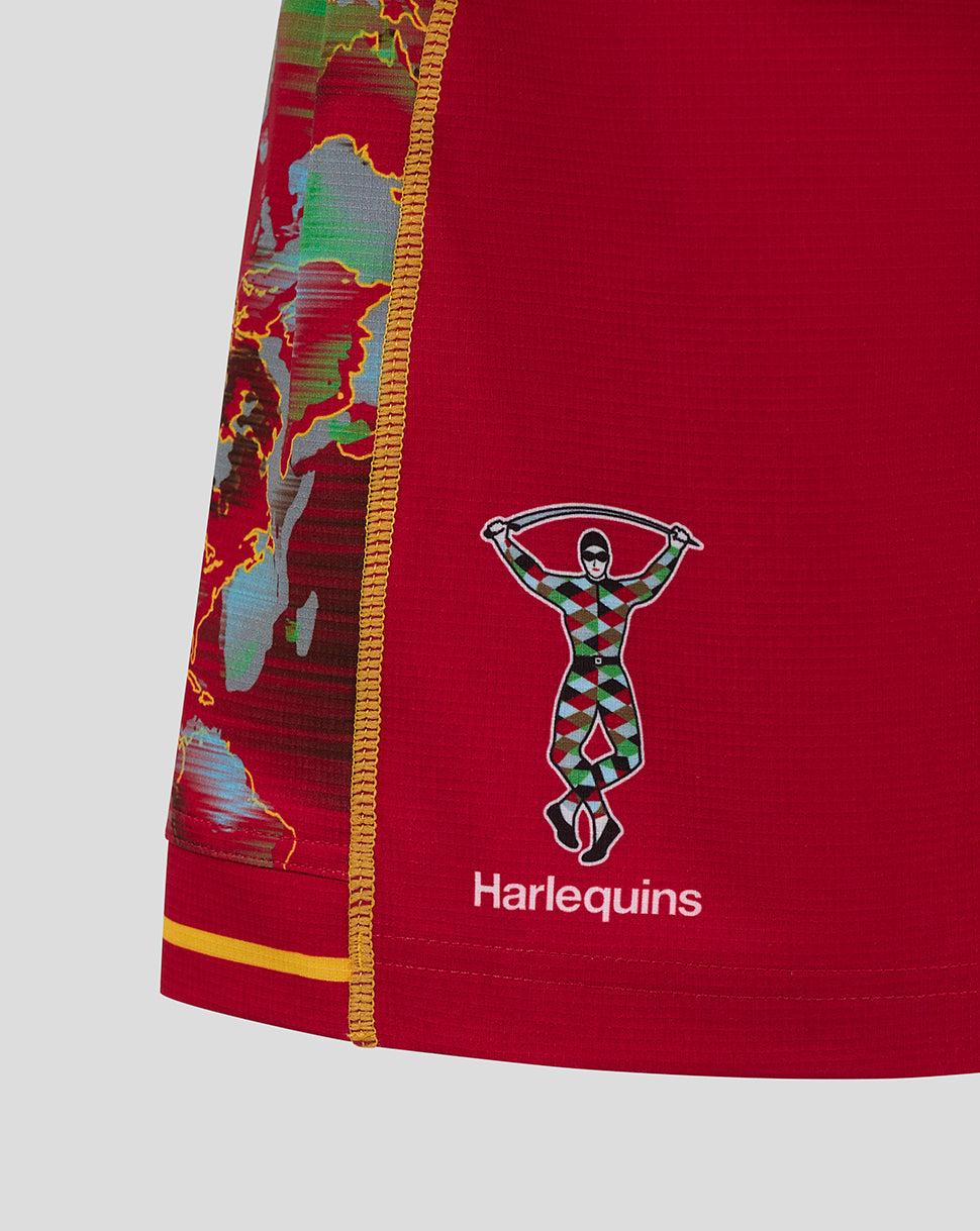 Close up of Harlequins Women's Big Game Short 24/25 side panel with world map graphic red fabric and crest on the right thigh