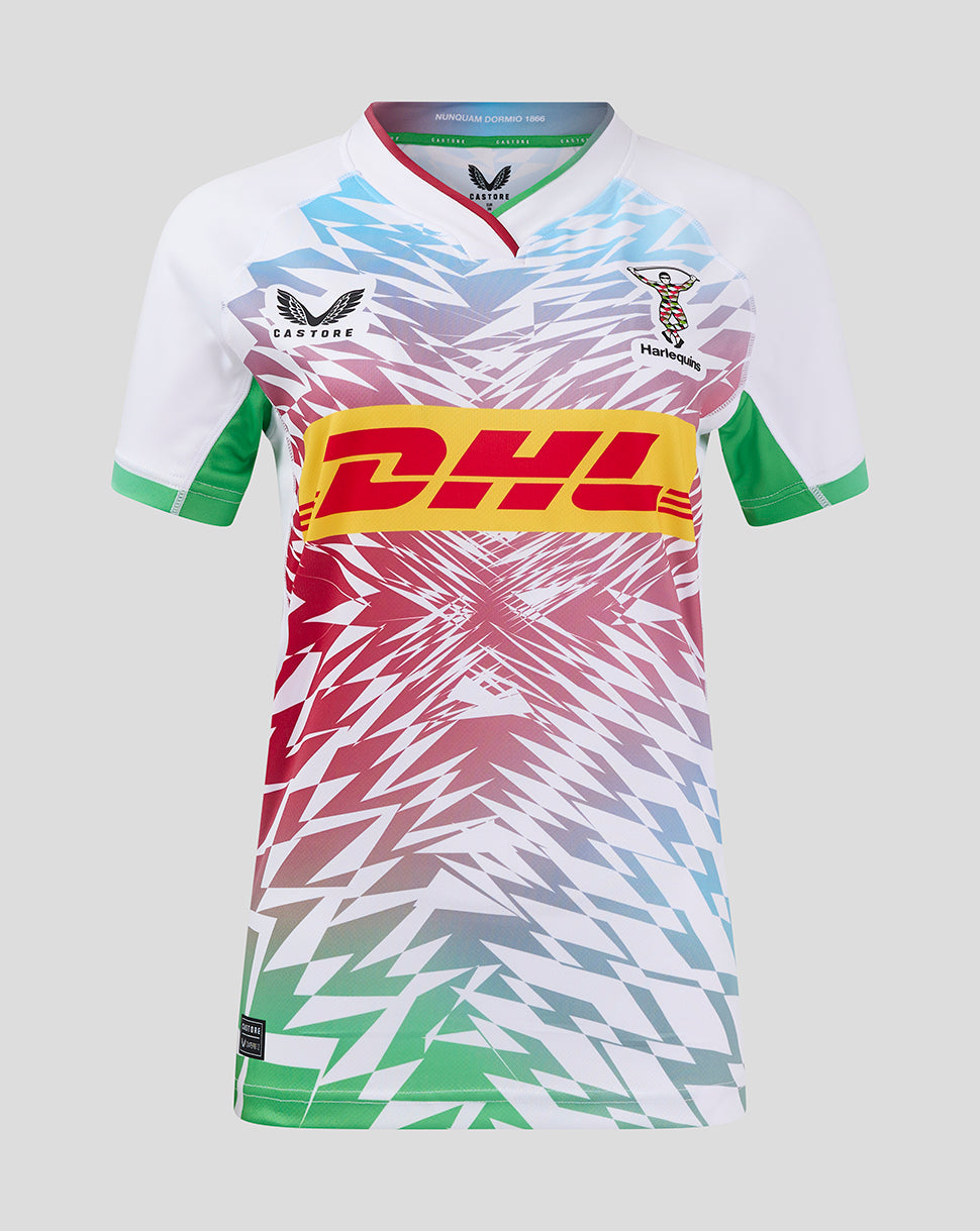 Harlequins Women away replica rugby shirt with multicolor geometric print and DHL sponsor across the chest