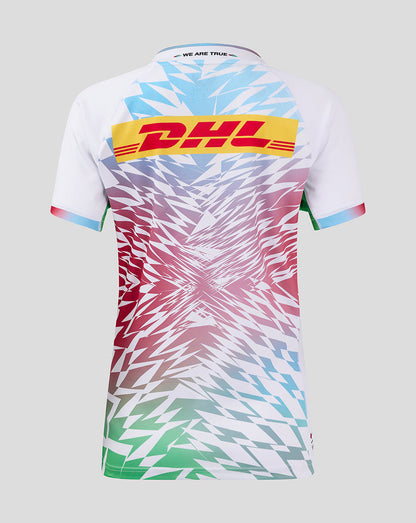 Back view of Harlequins Away Shirt with DHL sponsor across the back and vibrant geometric print.