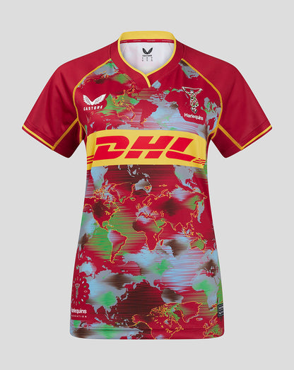 Front view of Harlequins Women 24/25 Big Game Shirt featuring world map print, DHL sponsor band and Harlequins crest