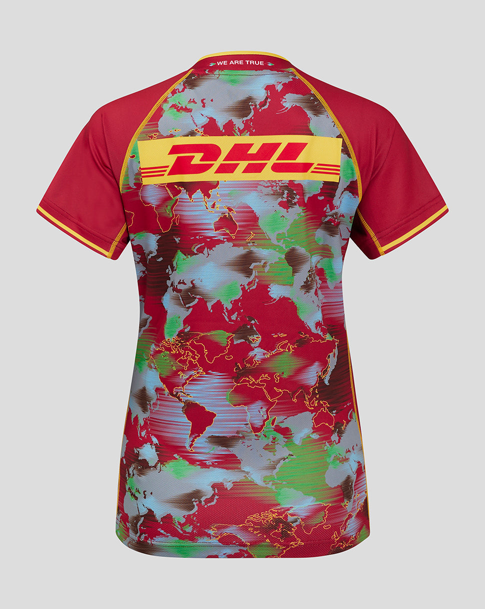 Back view of the shirt with a large DHL logo across a colorful world map print.
