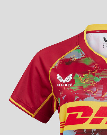 Front view of Harlequins Women's Big Game Shirt 24/25 with multicolored world map print and Castore branding.