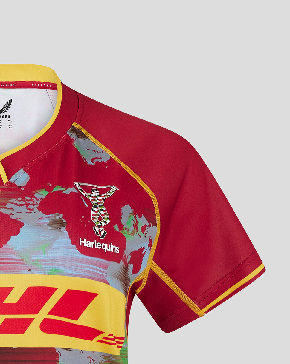 Front close-up of Harlequins Women 24/25 Big Game Shirt showing Harlequins crest and DHL banner over the world map print