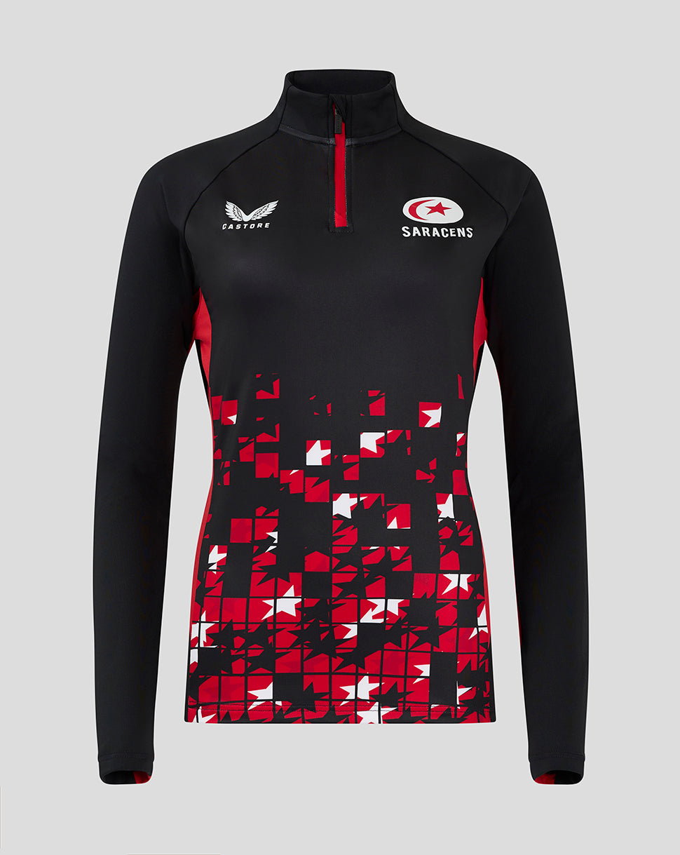 Front view of Saracens women's 24/25 matchday 1/4 zip top in black with red zipper and mosaic red pattern on the front