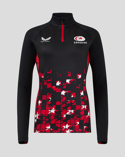 Front view of Saracens women's 24/25 matchday 1/4 zip top in black with red zipper and mosaic red pattern on the front