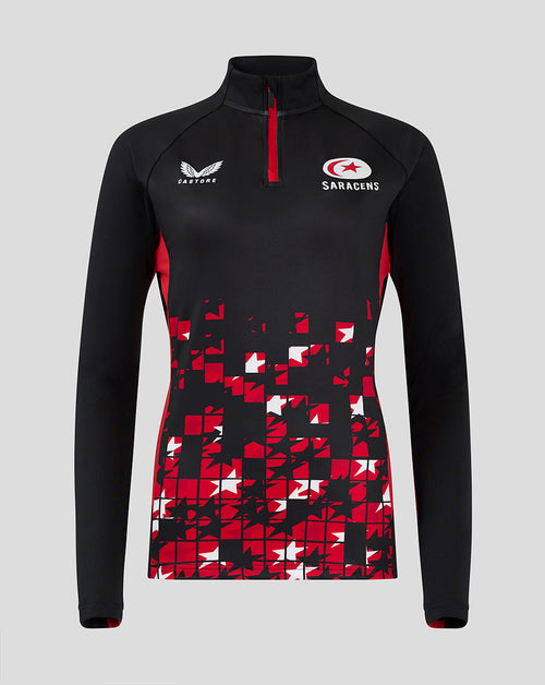 Front view of Saracens women's 24/25 matchday 1/4 zip top in black with red zipper and mosaic red pattern on the front