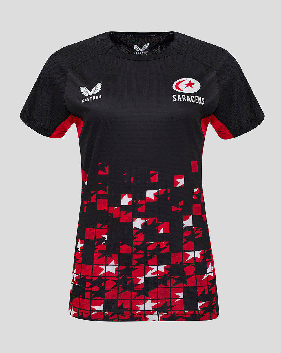 Black Saracens matchday tee with red and white geometric pattern and crest on the chest.