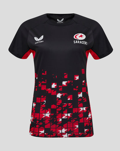 Black Saracens matchday tee with red and white geometric pattern and crest on the chest.