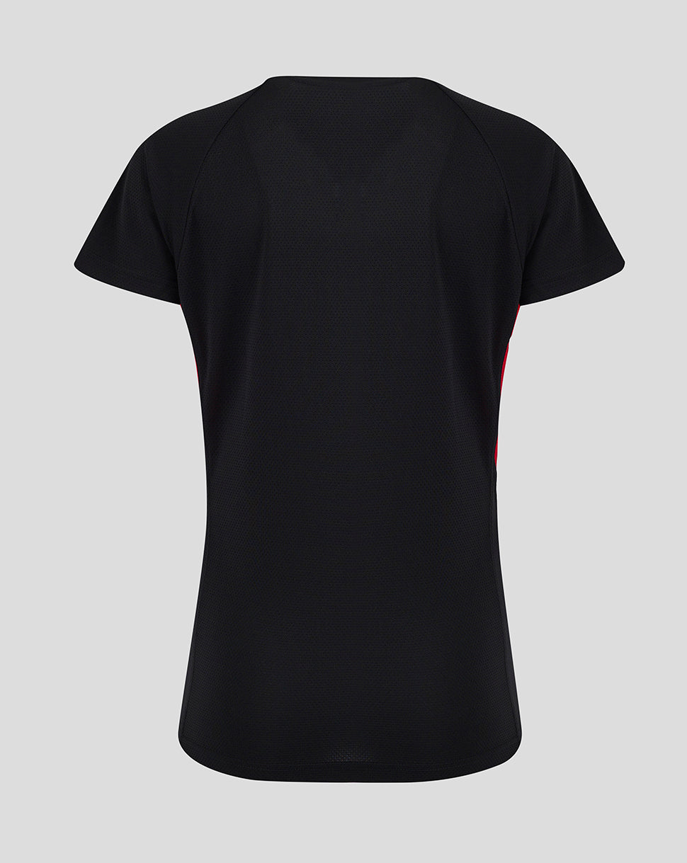Back view of a black Saracens women's 24/25 matchday tee showing mesh fabric and slim fit