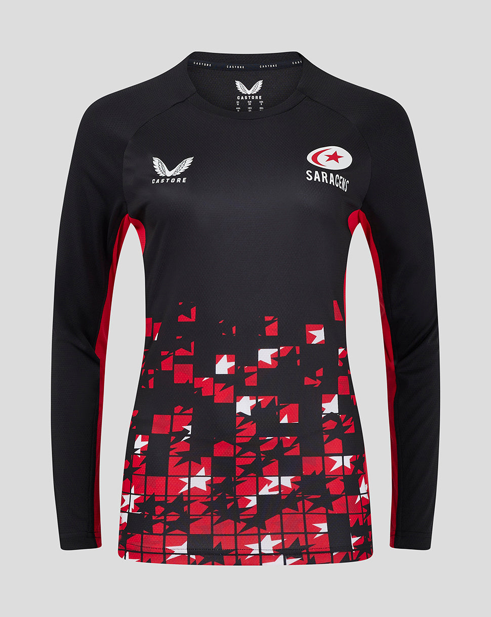 Front view of black Saracens women's long sleeve tee with red side panels and a red white geometric pattern at the hem; Castore and Saracens logos on the chest