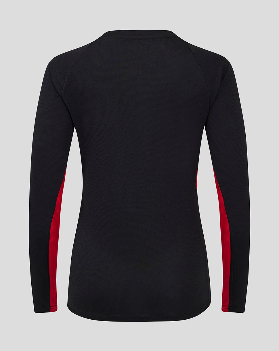 Back view of black long sleeve Saracens top with red side panels