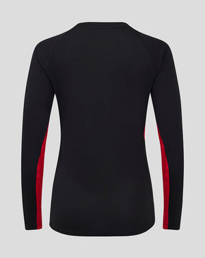 Back view of black long sleeve Saracens top with red side panels