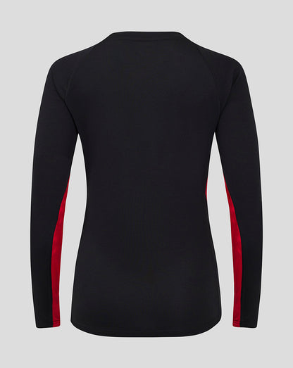 Back view of black long sleeve Saracens top with red side panels