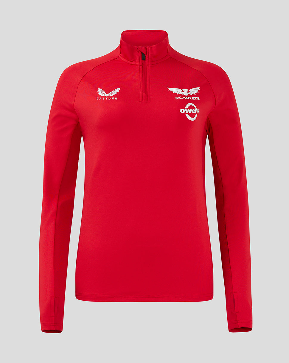 Front view of red Scarlets women's Pro Players quarter zip midlayer with Scarlets crest and Castore logo on chest and Owens sponsor visible