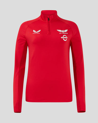 Front view of red Scarlets women's Pro Players quarter zip midlayer with Scarlets crest and Castore logo on chest and Owens sponsor visible
