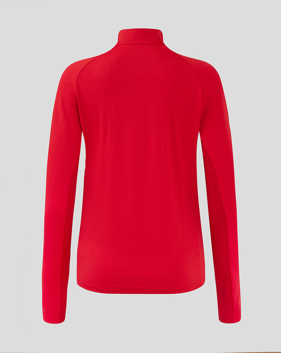 Back view of Scarlets Women's red long sleeve quarter zip midlayer with funnel neck