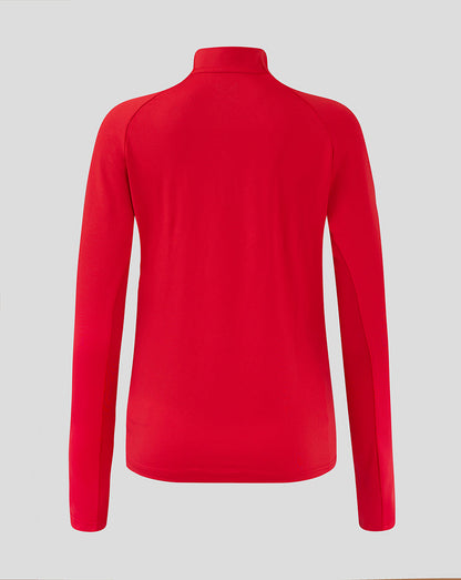 Back view of Scarlets Women's red long sleeve quarter zip midlayer with funnel neck