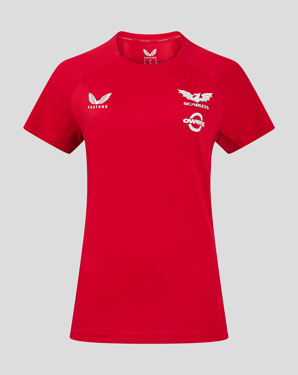 Front view of red Scarlets Women's 24/25 Pro Players T Shirt with Scarlets crest left chest Castore branding at the collar and Owens sponsor on the right chest