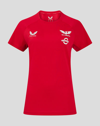 Front view of red Scarlets Women's 24/25 Pro Players T Shirt with Scarlets crest left chest Castore branding at the collar and Owens sponsor on the right chest