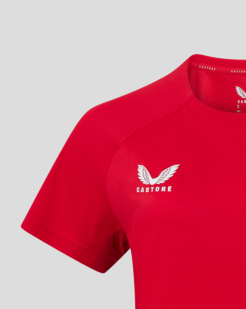 Close up of red Scarlets Pro Players T shirt showing Scarlets crest and Castore logo on the chest