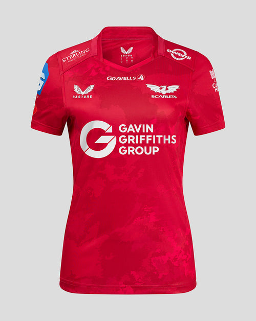 Scarlets women's 24/25 home shirt in red featuring crest and sponsor logos