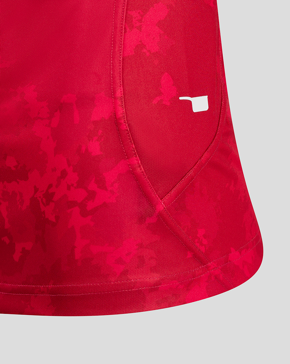 Scarlets sleeve shows blue LG Lloyd & Gravell sponsor logo on red fabric