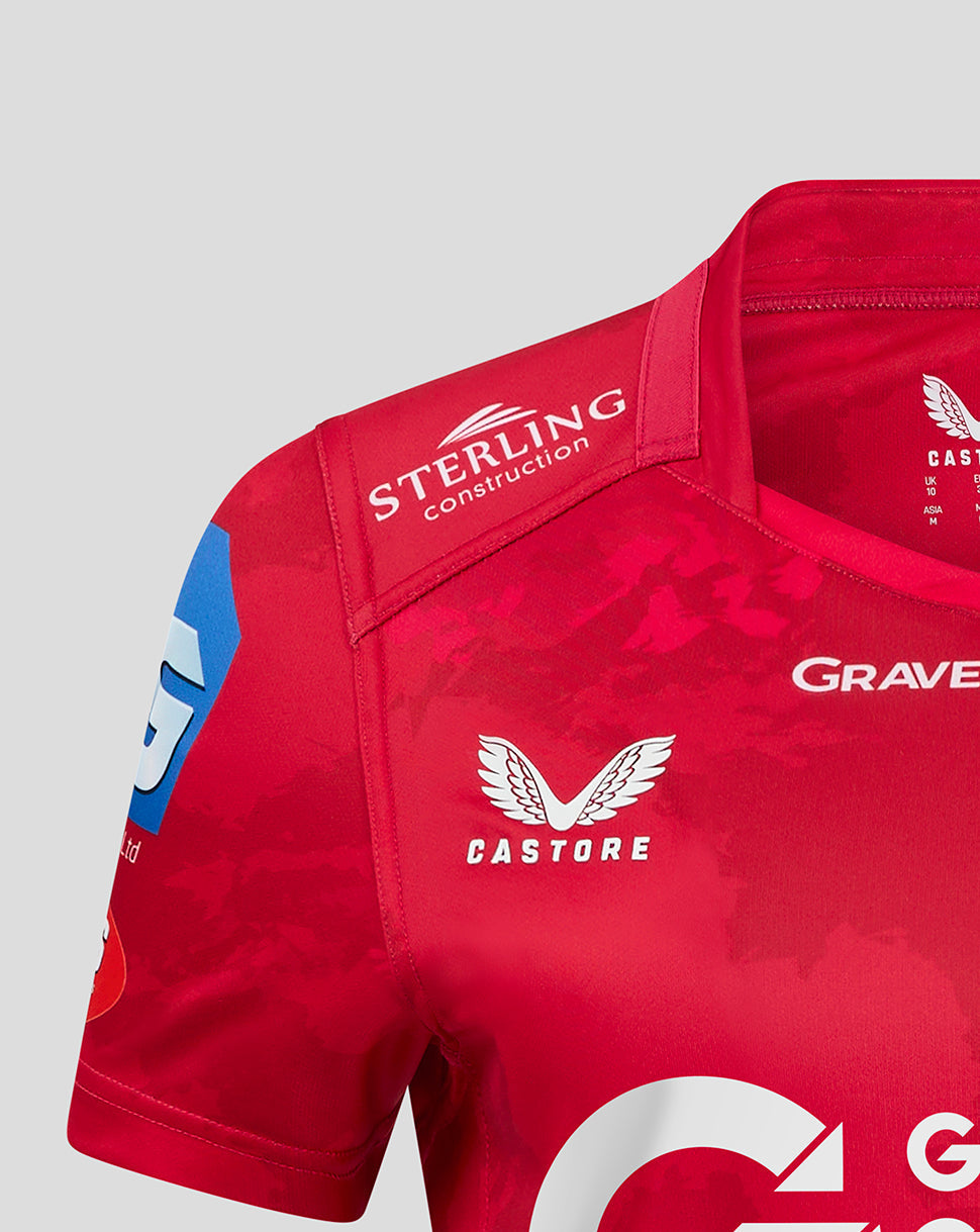 Back view of red Scarlets shirt showing Sterling Construction on the shoulder and Cadog Homecare along with other sponsor graphics.