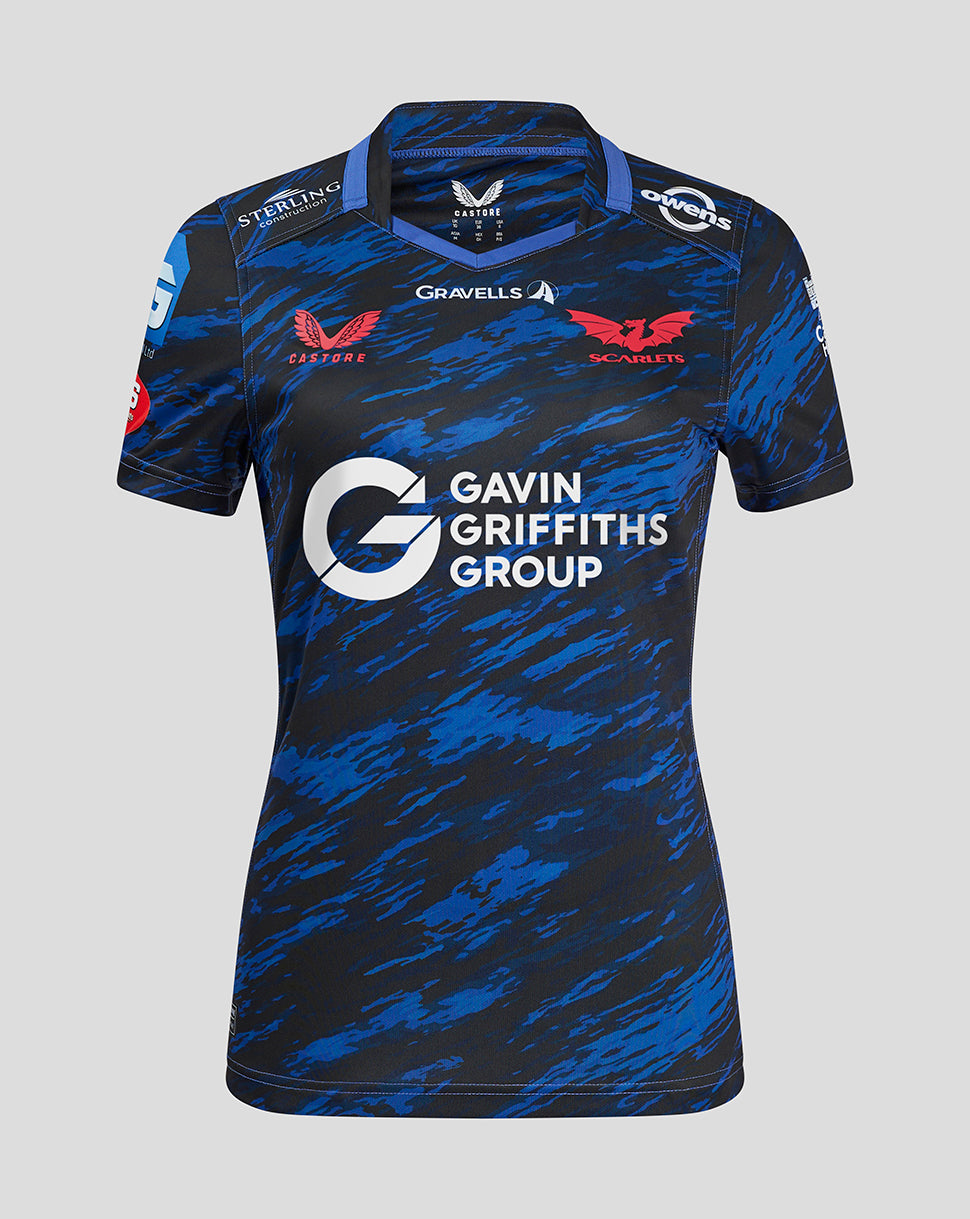 Front view of Scarlets Women's Away Shirt in blue camouflage with Gavin Griffiths Group across the chest, Scarlets crest left chest, and Castore branding right.