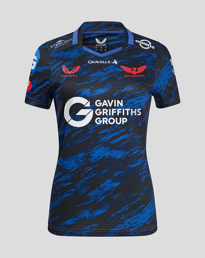 Front view of Scarlets Women's Away Shirt in blue camouflage with Gavin Griffiths Group across the chest, Scarlets crest left chest, and Castore branding right.