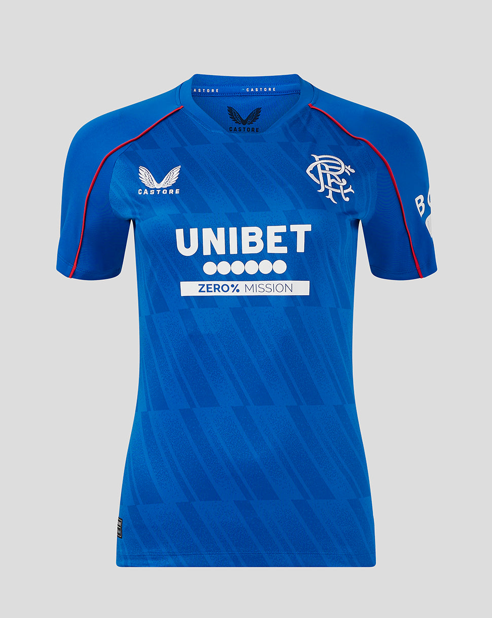Front view of blue Rangers Women’s 24/25 Home Shirt with UNIBET sponsor and Rangers crest on the left chest and Castore branding on the right